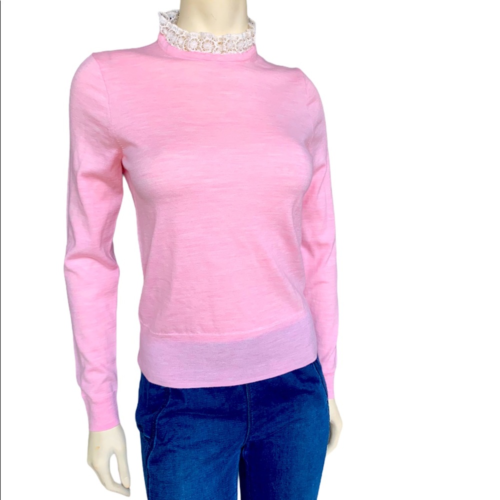 J Crew Sweater Top 100% Merino Wool Ruffle Lace Neck